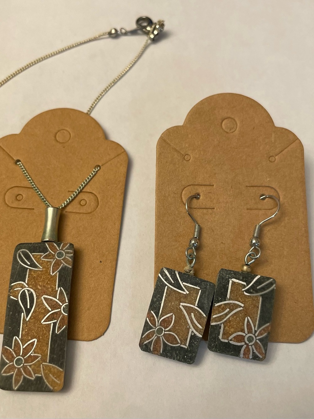 Handcrafted Floral Rectangle Pendant Necklace and Earrings